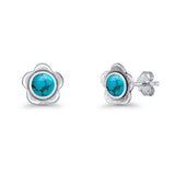 Flower 7.5mm Round Turquoise Floral Stud Earring Oxidized 925 Sterling Silver Wholesale