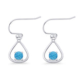 Pear Fishhook Earring Oxidized Round Lab Created Blue Opal 925 Sterling Silver