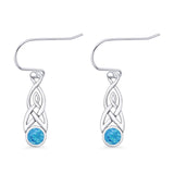 Round Lab Created Blue Opal Trinity Dangle Fishhook Earring 925 Sterling Silver