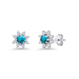 Minimalist 8.2mm Floral Stud Earrings Turquoise & Cubic Zirconia 925 Sterling Silver