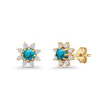 Minimalist 8.2mm Floral Stud Earrings Turquoise & Cubic Zirconia 925 Sterling Silver
