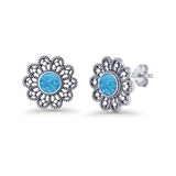 Flower Beaded 15.6mm Lab Created Blue Opal Oxidized Stud Earring 925 Sterling Silver Wholesale