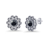 Flower Beaded 15.6mm Black Onyx Oxidized Stud Earring 925 Sterling Silver Wholesale