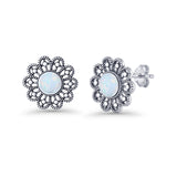 Flower Beaded 15.6mm Lab Created White Opal Oxidized Stud Earring 925 Sterling Silver Wholesale