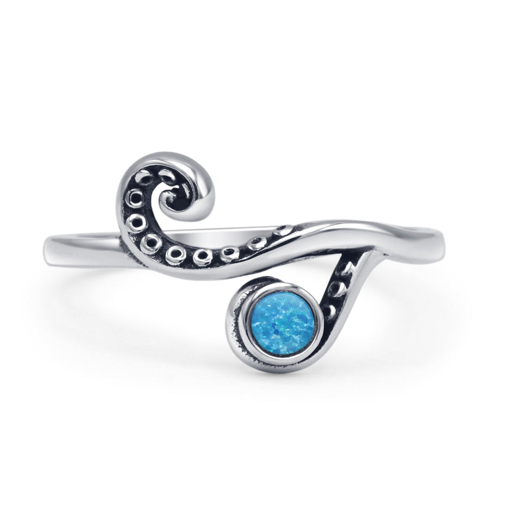 Round Lab Created Blue Opal Tentacle Octopus Ring Oxidized 925 Sterlin