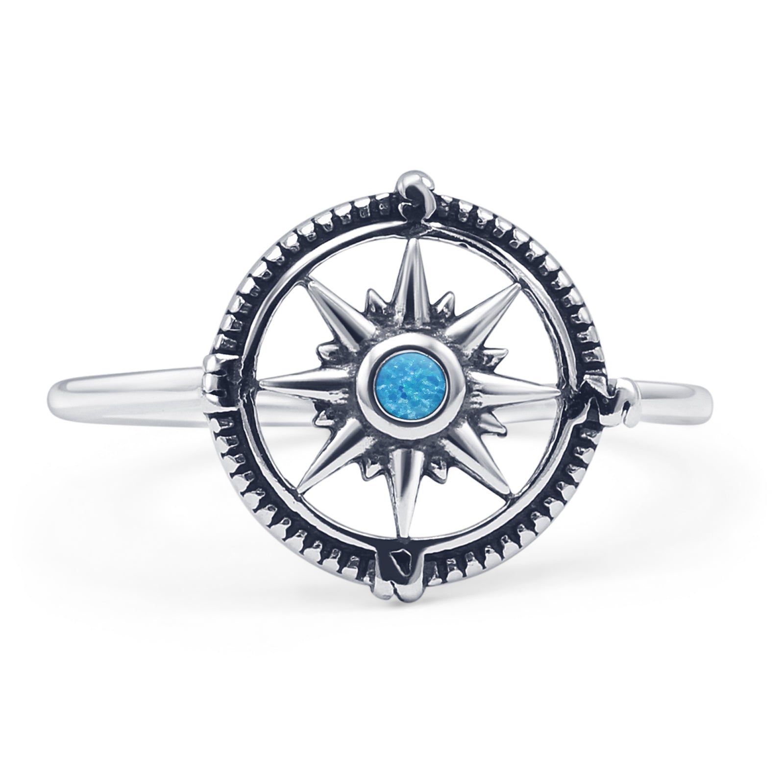 Compass Rings For Kids Round Lab Created Blue Opal Compass Ring Oxidized 925 Sterling Silver