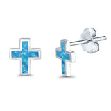 Cross Stud Earrings Lab Created Blue Opal 925 Sterling Silver (14mm)