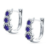 Three Round Halo Floral Hoop Earring Blue Sapphire CZ 925 Sterling Silver Wholesale
