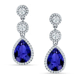 Pear Teardrop Halo Drop Dangle Earring Blue Sapphire CZ 925 Sterling Silver Wholesale