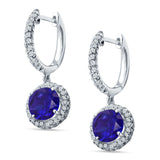 Round Halo Drop Dangle Hoop Earring Blue Sapphire CZ 925 Sterling Silver Wholesale