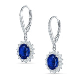 Oval Halo Flower Drop Dangle Leverback Earring Blue Sapphire CZ 925 Sterling Silver