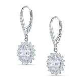 Oval Halo Flower Drop Dangle Leverback Earring Cubic Zirconia 925 Sterling Silver