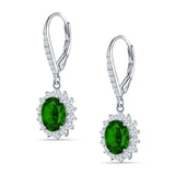 Oval Halo Flower Drop Dangle Leverback Earring Green Emerald CZ 925 Sterling Silver