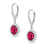 Oval Halo Flower Drop Dangle Leverback Earring Ruby CZ 925 Sterling Silver