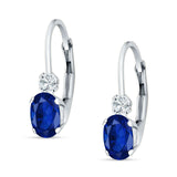 Oval Drop Dangle Charm Leverback Earring Blue Sapphire CZ 925 Sterling Silver