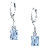 Emerald Cut Oblong Drop Dangle Leverback Earring Aquamarine CZ 925 Sterling Silver