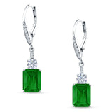 Emerald Cut Oblong Drop Dangle Leverback Earring Green Emerald CZ 925 Sterling Silver