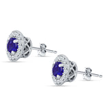 Round Halo Stud Earring Blue Sapphire CZ 925 Sterling Silver