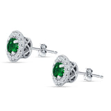 Round Halo Stud Earring Green Emerald CZ 925 Sterling Silver