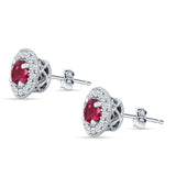 Round Halo Stud Earring Ruby CZ 925 Sterling Silver