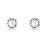 Pearl Stud Earrings 8.7mm Halo Cubic Zirconia 925 Sterling Silver