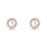 Pearl Stud Earrings 8.7mm Halo Cubic Zirconia 925 Sterling Silver