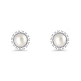 Pearl Stud Earrings 8.7mm Halo Cubic Zirconia 925 Sterling Silver