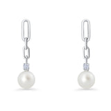 Round Cubic Zirconia & Pearl Paperclip Stud Earrings 925 Sterling Silver Wholesale