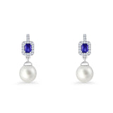 Emerald Cut Blue Cubic Zirconia & Pearl Charm Stud Earrings 925 Sterling Silver Wholesale