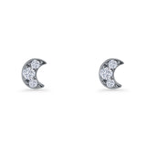 Crescent Moon Stud Earring 5mm Round Cubic Zirconia 925 Sterling Silver