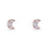 Crescent Moon Stud Earring 5mm Round Cubic Zirconia 925 Sterling Silver