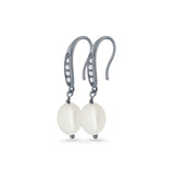 Drop Dangle 32mm Oval Pearl Fishhook Earring Cubic Zirconia 925 Sterling Silver