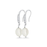 Drop Dangle 32mm Oval Pearl Fishhook Earring Cubic Zirconia 925 Sterling Silver