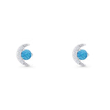 Moon Stud Earring 7mm Round Lab Created Blue Opal & Clear CZ 925 Sterling Silver Wholesale