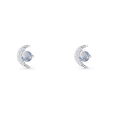 Moon Stud Earring 7mm Round Moonstone & Clear CZ 925 Sterling Silver Wholesale