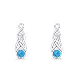 Round Lab Created Blue Opal Trinity Dangle Fishhook Earring 925 Sterling Silver