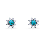 Minimalist 8.2mm Floral Stud Earrings Turquoise & Cubic Zirconia 925 Sterling Silver