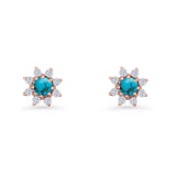 Minimalist 8.2mm Floral Stud Earrings Turquoise & Cubic Zirconia 925 Sterling Silver