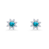 Minimalist 8.2mm Floral Stud Earrings Turquoise & Cubic Zirconia 925 Sterling Silver