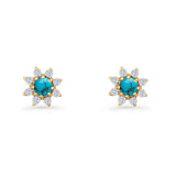 Minimalist 8.2mm Floral Stud Earrings Turquoise & Cubic Zirconia 925 Sterling Silver