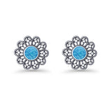 Flower Beaded 15.6mm Lab Created Blue Opal Oxidized Stud Earring 925 Sterling Silver Wholesale