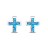 Cross Stud Earrings Lab Created Blue Opal 925 Sterling Silver (14mm)