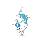 Dolphin Turtle Charm Pendant Lab Created Blue Opal 925 Sterling Silver