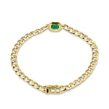 14K Yellow Gold 7" Link Chain Cuban Bracelet Green Emerald Cut Halo Diamond