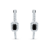 Emerald Cut Halo Hoop Earring Black CZ 925 Sterling Silver