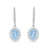 Oval Halo Flower Drop Dangle Leverback Earring Aquamarine CZ 925 Sterling Silver