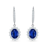 Oval Halo Flower Drop Dangle Leverback Earring Blue Sapphire CZ 925 Sterling Silver