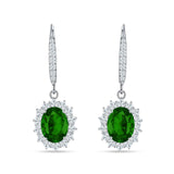 Oval Halo Flower Drop Dangle Leverback Earring Green Emerald CZ 925 Sterling Silver