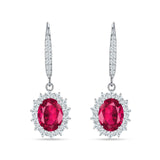 Oval Halo Flower Drop Dangle Leverback Earring Ruby CZ 925 Sterling Silver