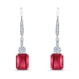 Emerald Cut Oblong Drop Dangle Leverback Earring Ruby CZ 925 Sterling Silver